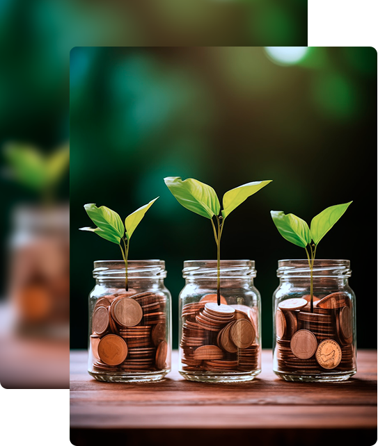 Three jars with growing plants and coins symbolizing financial growth.